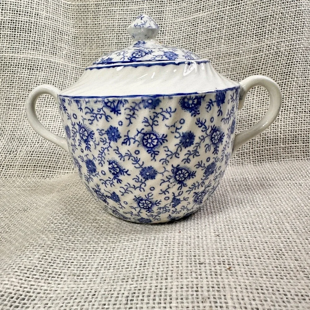 English Anchor Blue White Transferware Covered‎ Sugar Bowl England